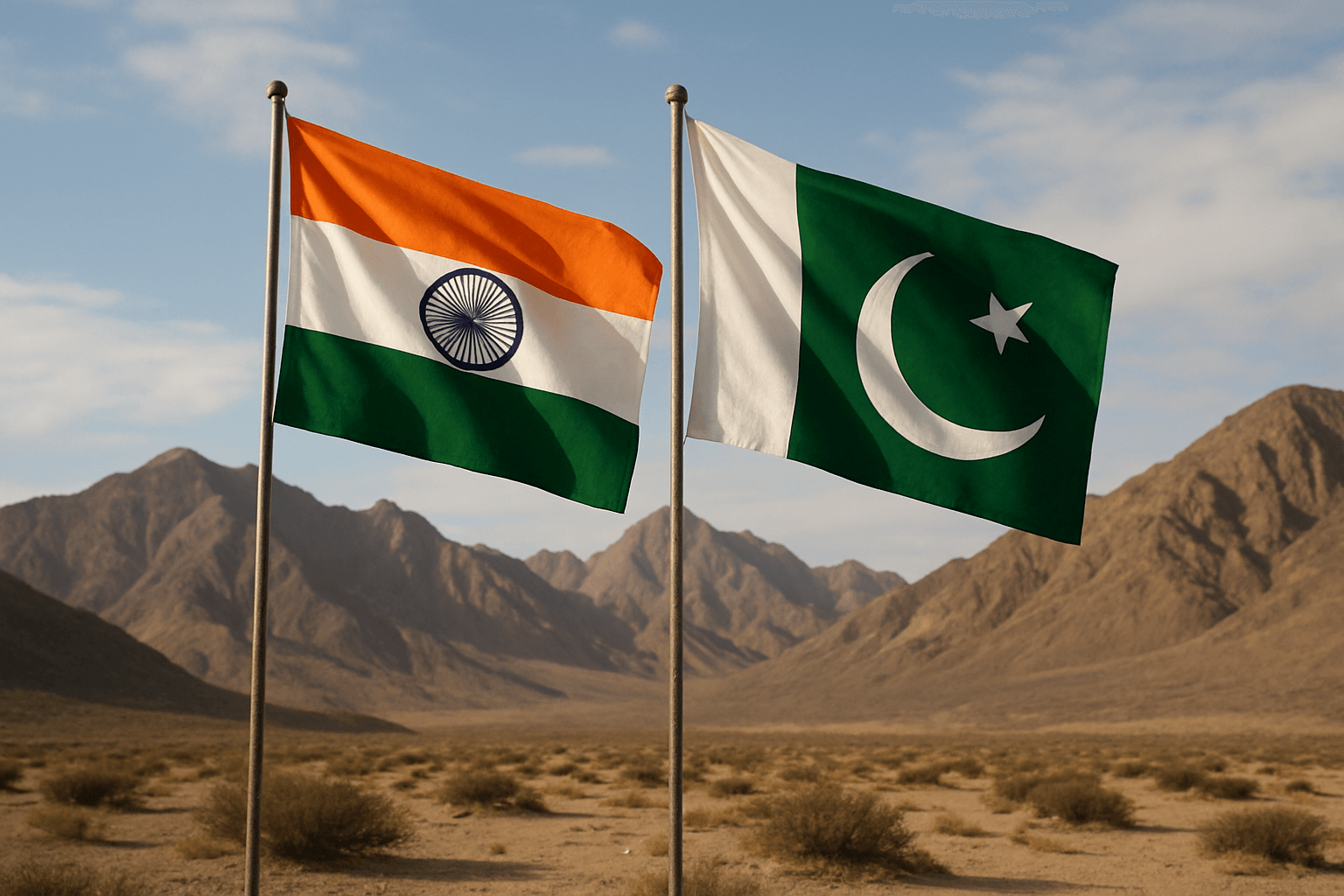 Flags of India and Pakistan with mountains in the background.