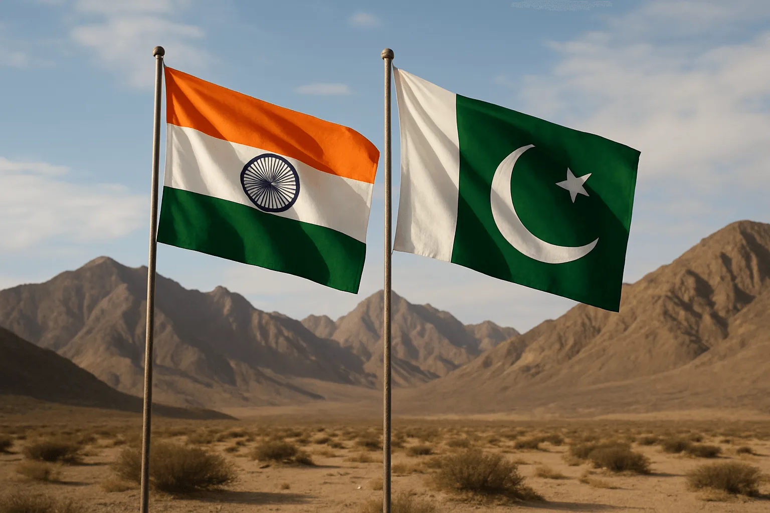 Flags of India and Pakistan with mountains in the background.